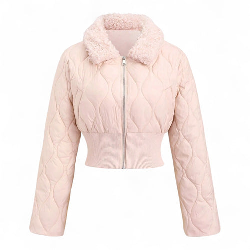 Viona Chaqueta Rosa Femenina Acolchada Corta Cuello Piel Cintura Ajustada