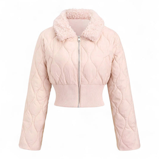 Viona Chaqueta Rosa Femenina Acolchada Corta Cuello Piel Cintura Ajustada